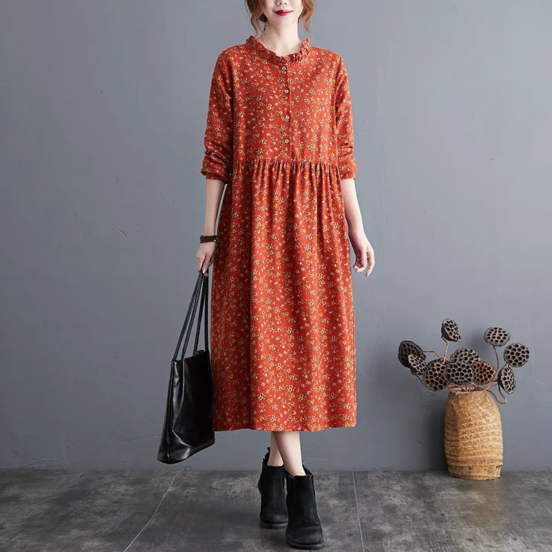 long sleeve cotton linen ruffle vintage floral dresses casual clothing