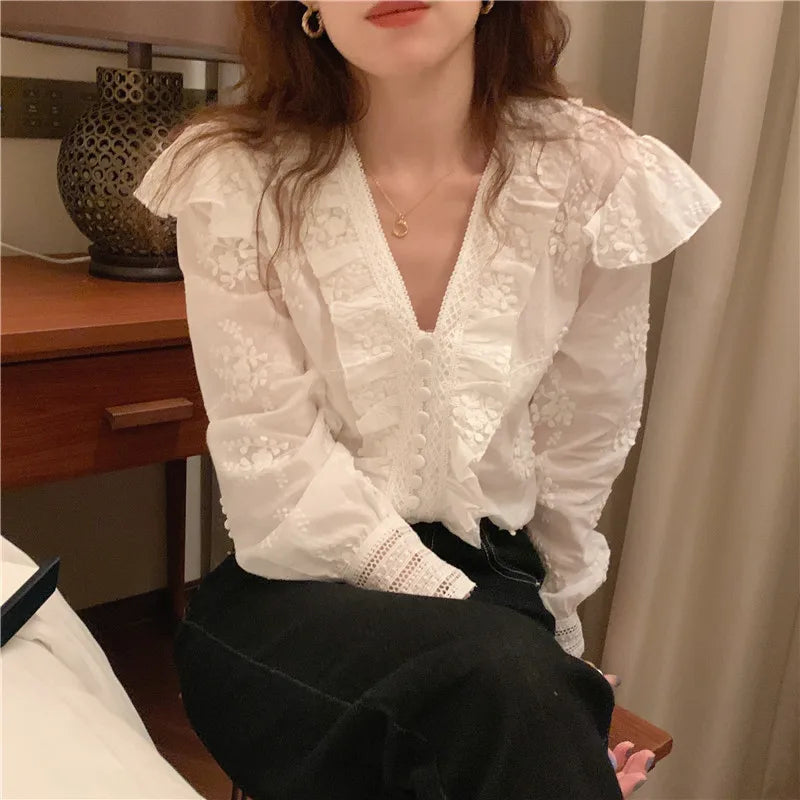 Spring Shirt Blouse Elegant Vintage Long Sleeve Cotton Oversize Loose