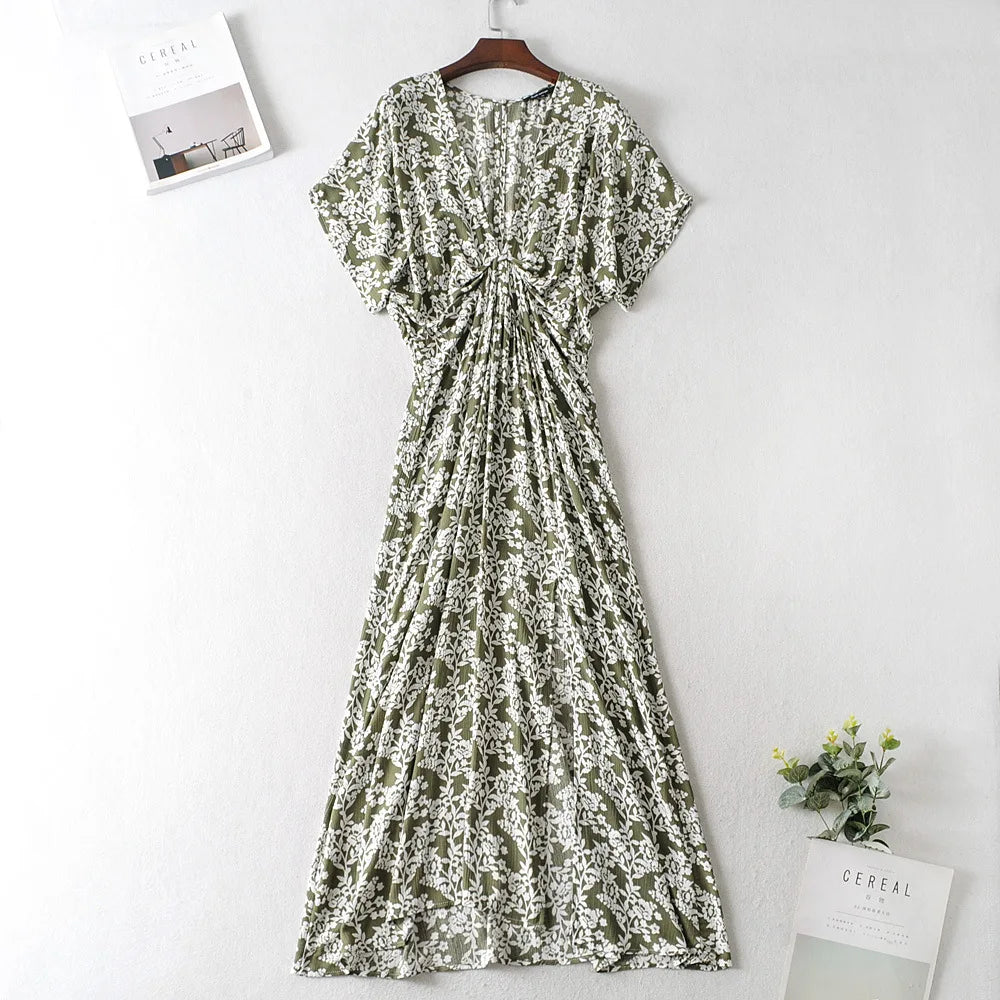 Boho Summer Floral Printed Split Maxi Dress Deep V Neck