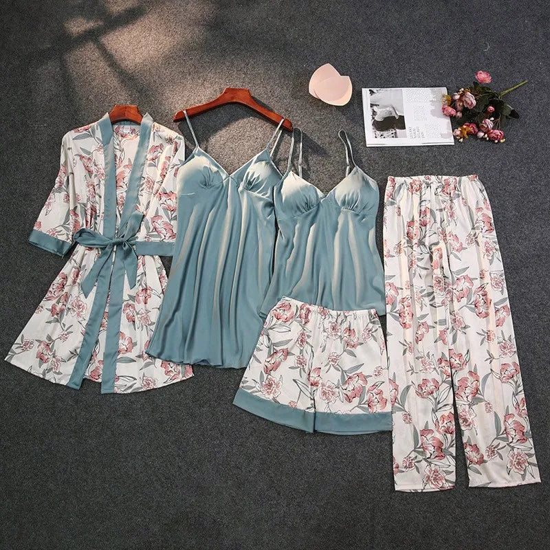 Print Pajamas Set Silky Women 5 Piece Sleepwear Satin