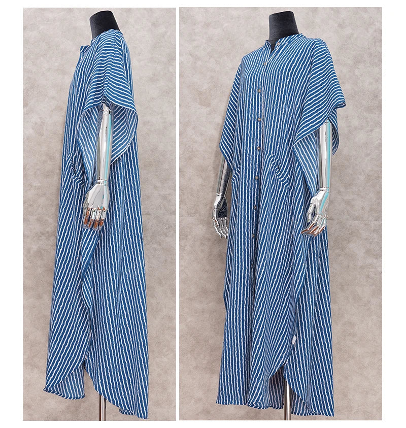 Casual Bikini Cover-ups Blue Tunic Striped Front Open Summer Beach Dress