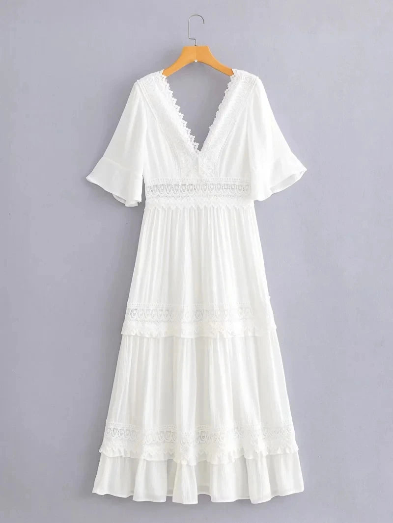 White Lace Maxi Dress Cotton Vintage Casual Chic Ruffle Boho