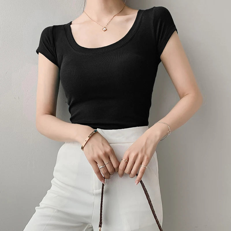 Cotton T Shirt Women Slim Solid Basic Tees Color Casual