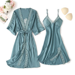 2PCS Kimono Robe Gown Set Women Nighty Bathrobe Suit V-Neck