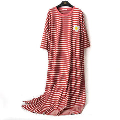 Cotton Striped Nightgown M-6XL Women Short Sleeve Homewear