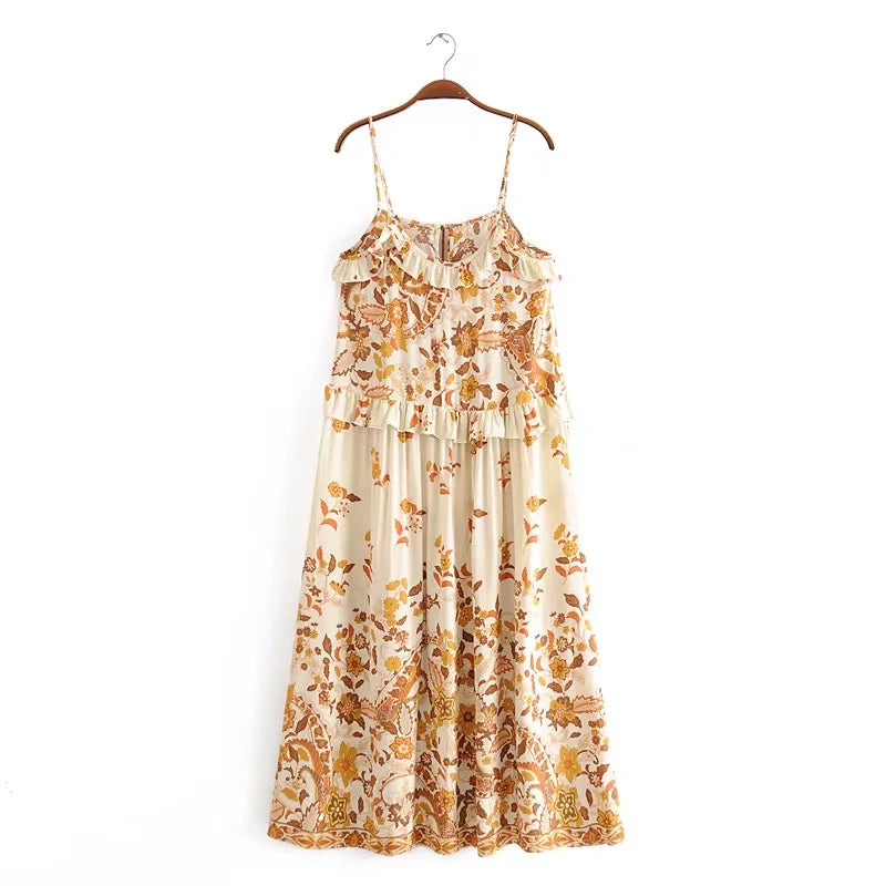 BOHO Wood Ruffles Floral Print Spaghetti Strap Dress