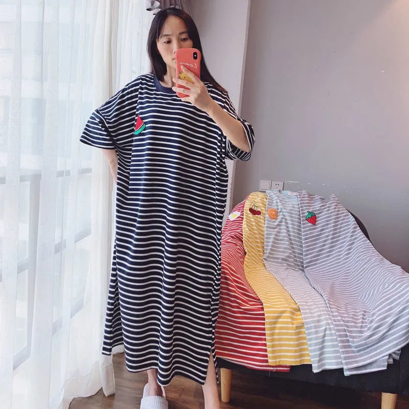 Cotton Striped Nightgown M-6XL Women Short Sleeve Homewear