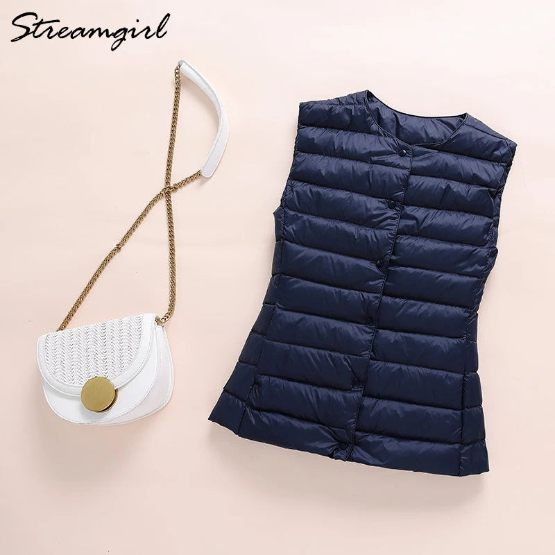 Down Vest Women Outerwear Ultra Light Jacket Sleeveless Ultra Thin