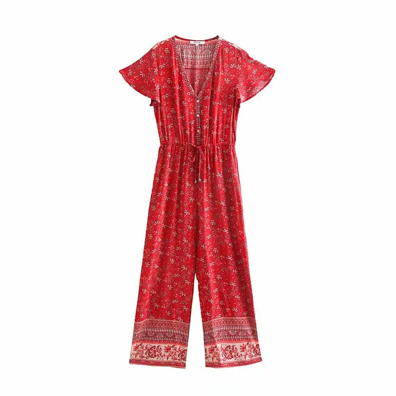 Floral Print Elastic Waist Short Sleeve V-neck Bohemian Playsuits Jumpsuit