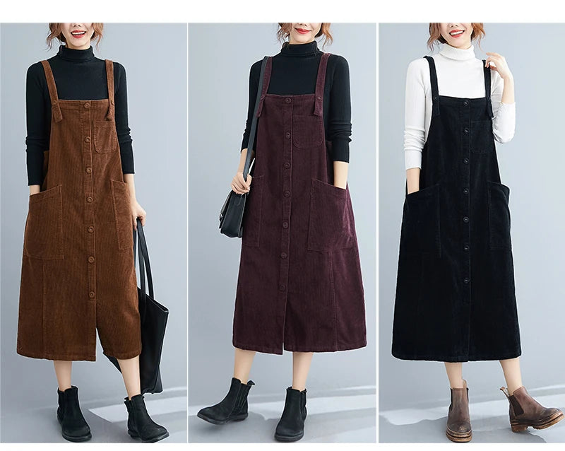 Corduroy Overalls Dresses Elegant Office Ladies Mid-Length Pocket Simple