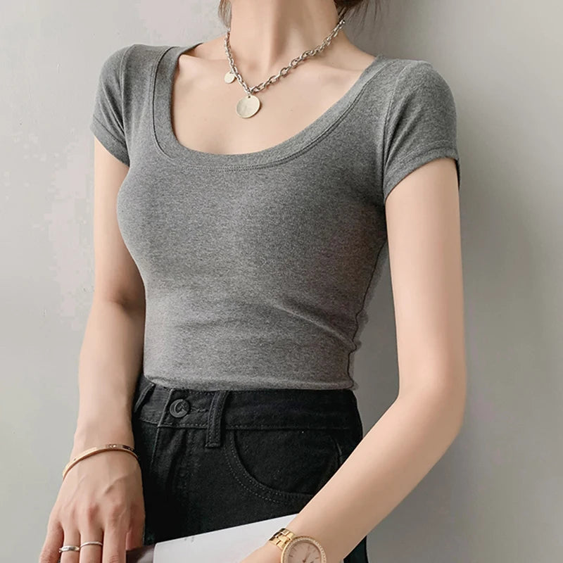 Cotton T Shirt Women Slim Solid Basic Tees Color Casual