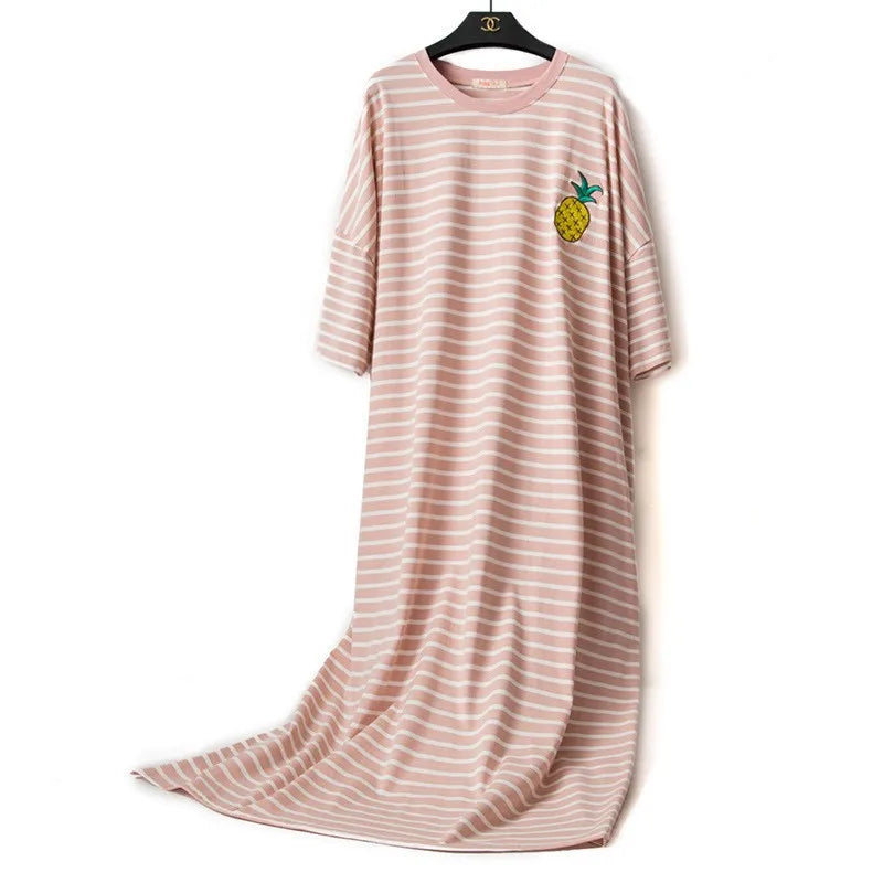 Cotton Striped Nightgown M-6XL Women Short Sleeve Homewear