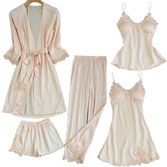 Satin Lace Pajamas Set Women Strap Top Pants Sleepwear Sleep Suit