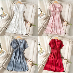 Lace V-neck Nightdress Women Satin Nightgown Sleep Dress