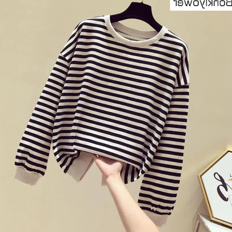 Women's Cotton Stripe Sweatshirt Long Sleeve Slim Pullover