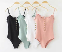 Open Button Ruffles Backless Spaghetti Strap Bodysuit