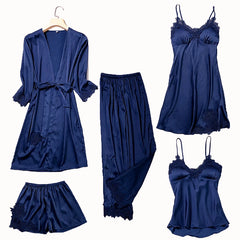 Satin Lace Pajamas Set Women Strap Top Pants Sleepwear Sleep Suit