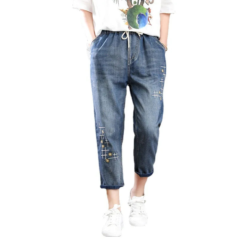 Women Calf Length Harem Jeans Multi-Style Embroidery Casual