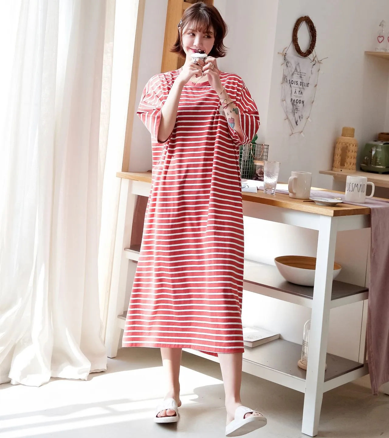 Cotton Striped Nightgown M-6XL Women Short Sleeve Homewear