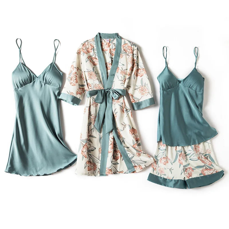 Print Pajamas Set Silky Women 5 Piece Sleepwear Satin