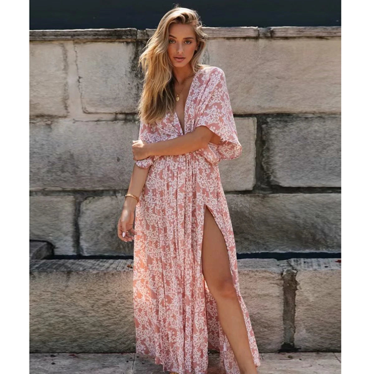 Boho Summer Floral Printed Split Maxi Dress Deep V Neck