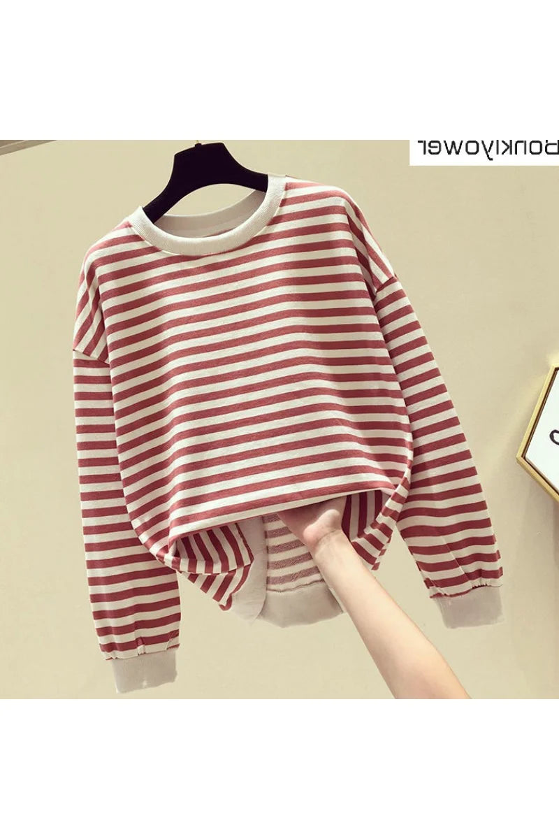 Women's Cotton Stripe Sweatshirt Long Sleeve Slim Pullover