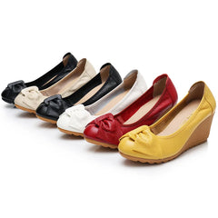 Genuine Leather Shoes Flats High Heels Slip On Bow-knot