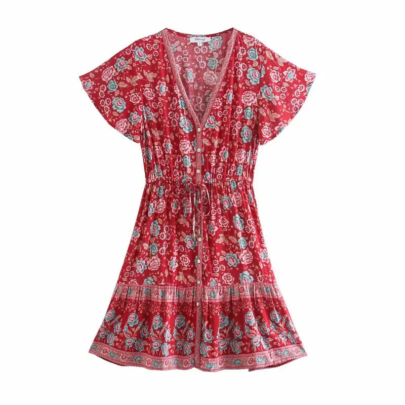 Floral Boho Mini Dress Vintage Women Dress