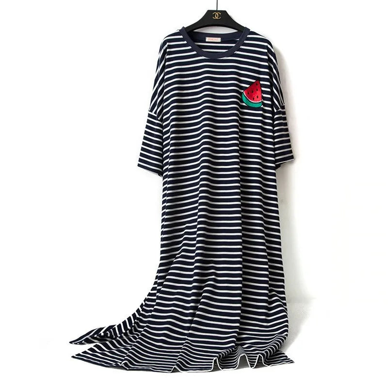 Cotton Striped Nightgown M-6XL Women Short Sleeve Homewear