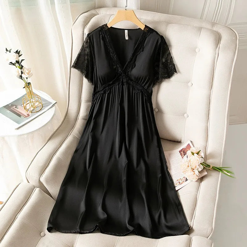 Lace V-neck Nightdress Women Satin Nightgown Sleep Dress