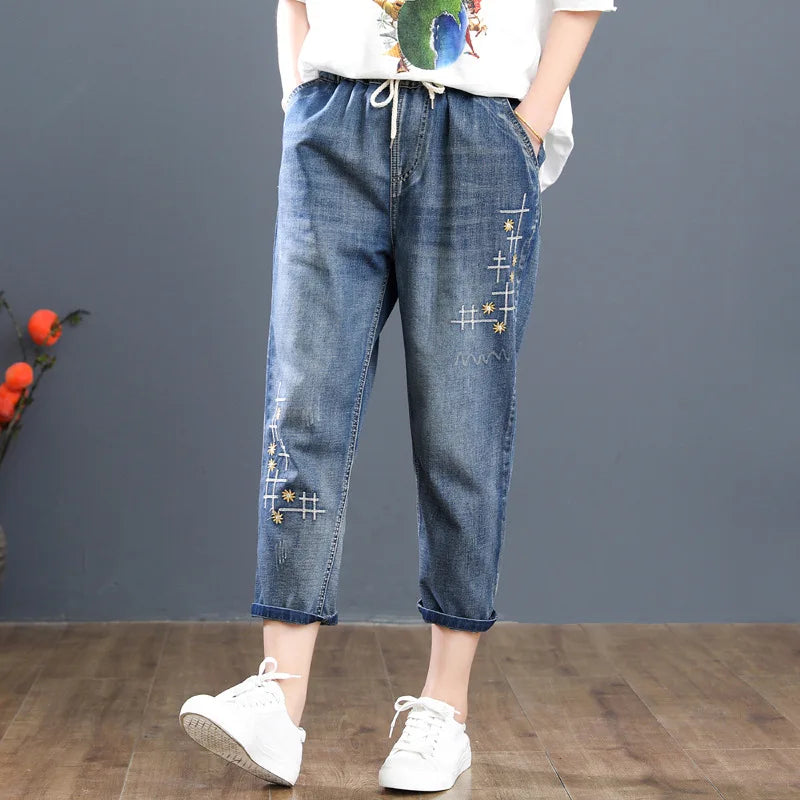 Women Calf Length Harem Jeans Multi-Style Embroidery Casual