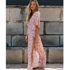 Boho Summer Floral Printed Split Maxi Dress Deep V Neck