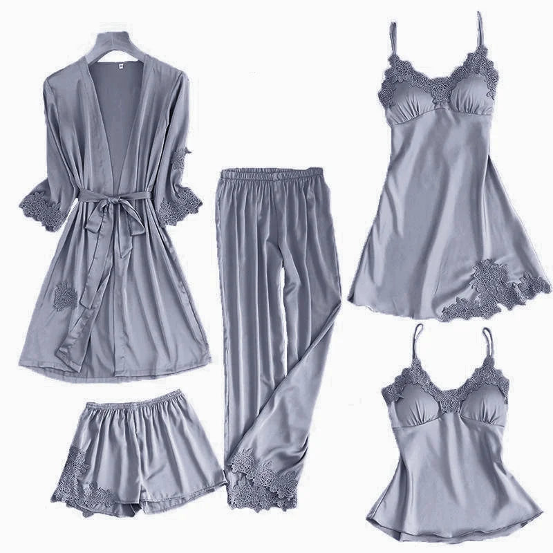 Satin Lace Pajamas Set Women Strap Top Pants Sleepwear Sleep Suit