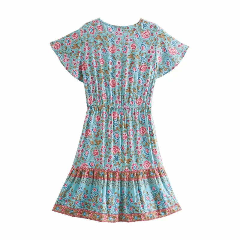 Floral Boho Mini Dress Vintage Women Dress