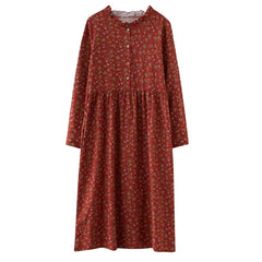 long sleeve cotton linen ruffle vintage floral dresses casual clothing