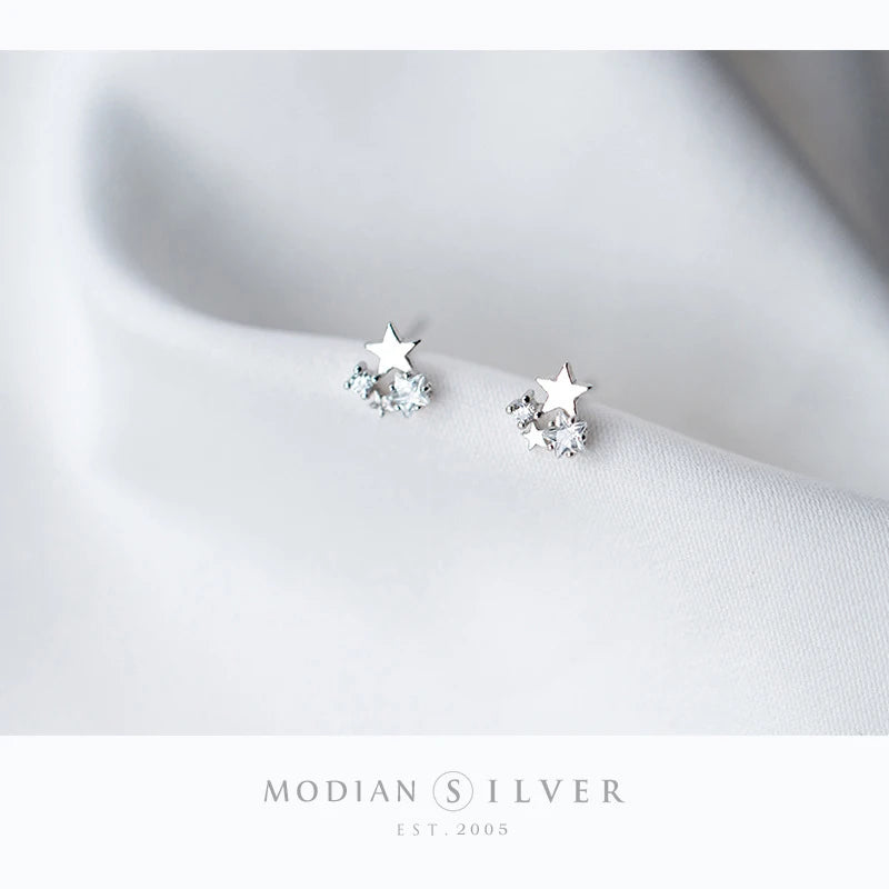 Silver Charm Stars Clear Zircon Stud Earrings