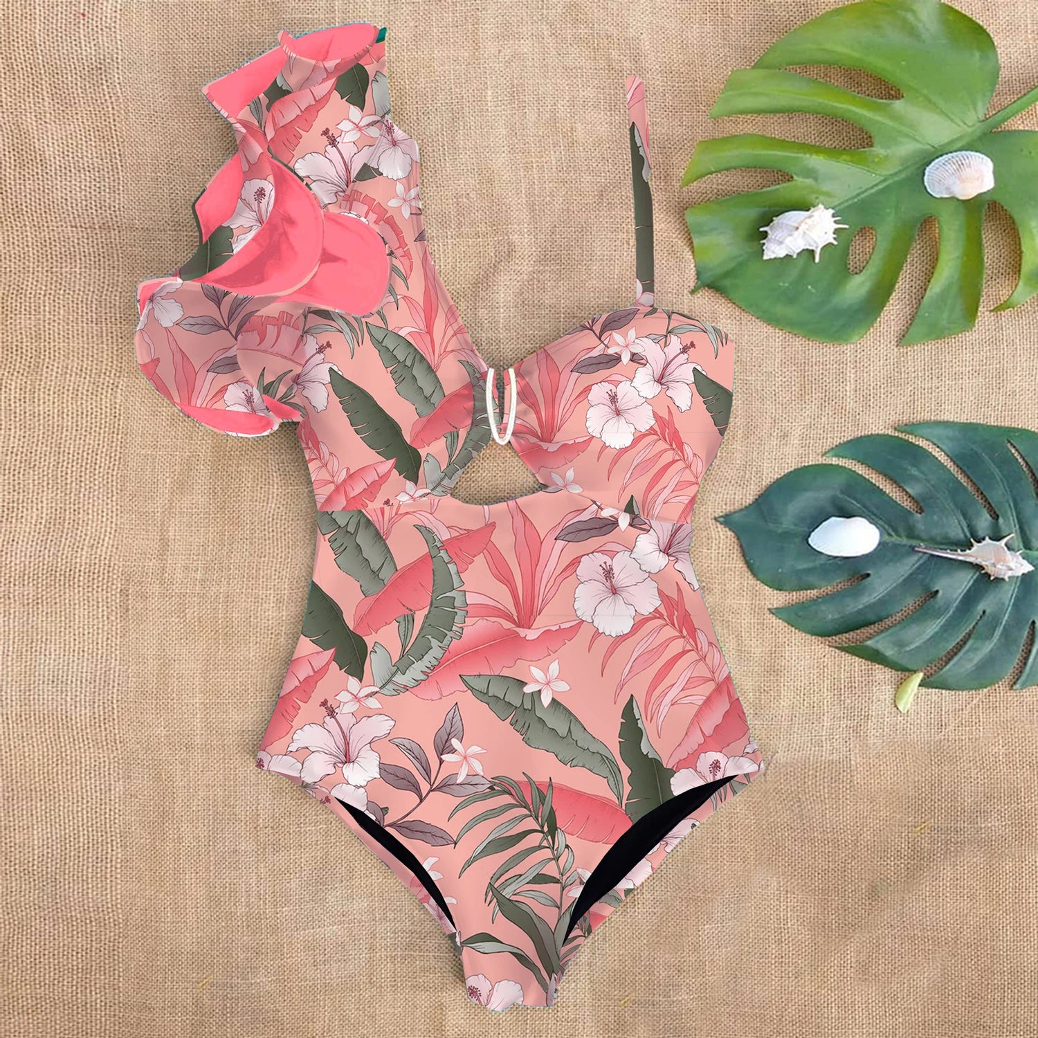 Ruffle Swimwear Single Shoulder One Piece Swimsuit Floral Printed