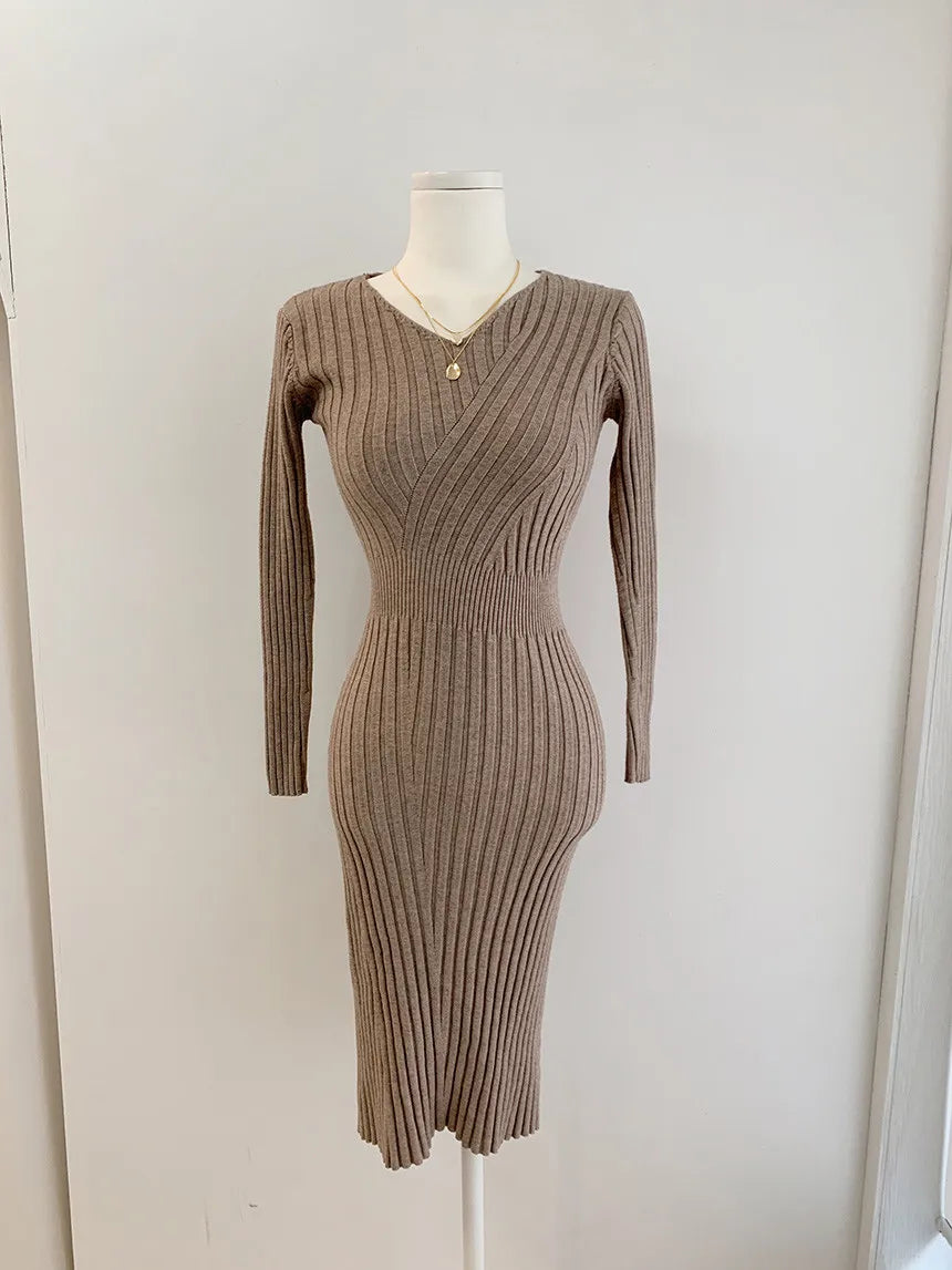 Vintage Long Sleeve Knitted Retro V-neck Dress