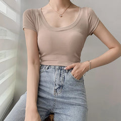 Cotton T Shirt Women Slim Solid Basic Tees Color Casual