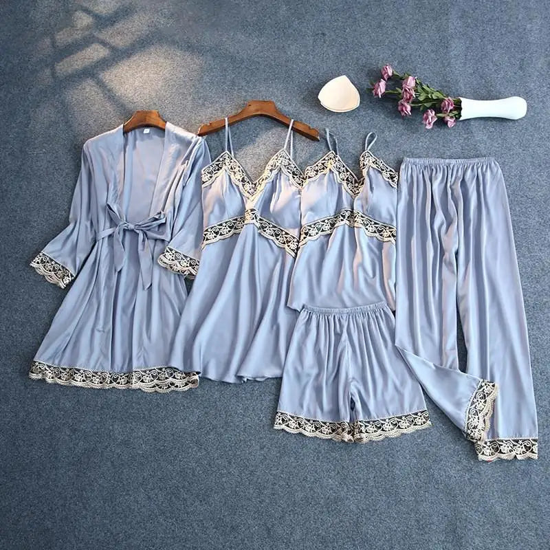 Print Pajamas Set Silky Women 5 Piece Sleepwear Satin