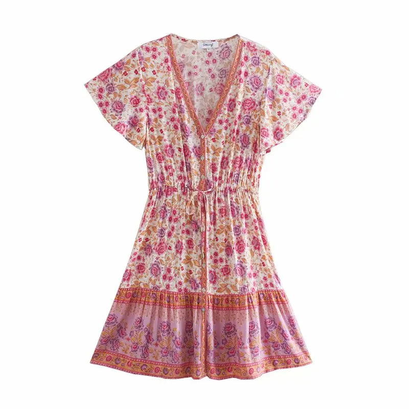 Floral Boho Mini Dress Vintage Women Dress