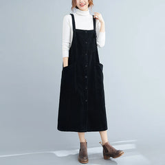 Corduroy Overalls Dresses Elegant Office Ladies Mid-Length Pocket Simple