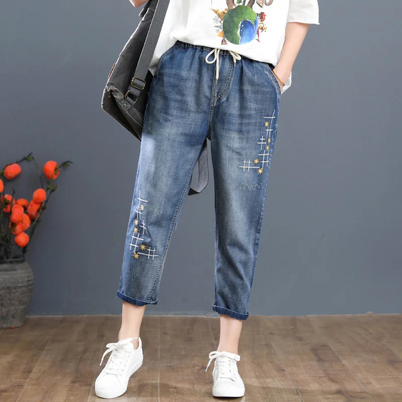 Women Calf Length Harem Jeans Multi-Style Embroidery Casual