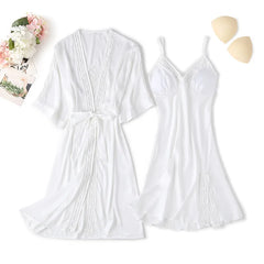 2PCS Kimono Robe Gown Set Women Nighty Bathrobe Suit V-Neck