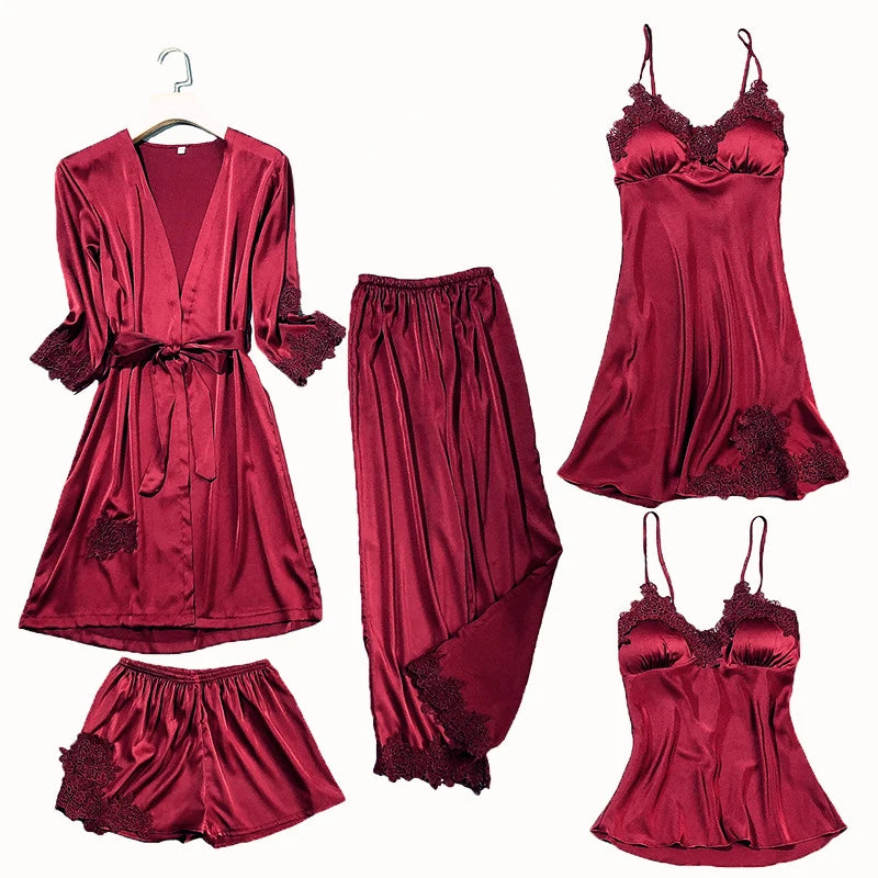 Satin Lace Pajamas Set Women Strap Top Pants Sleepwear Sleep Suit