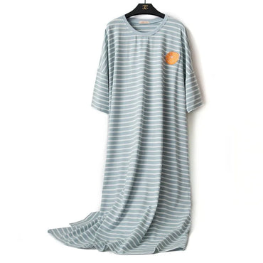 Cotton Striped Nightgown M-6XL Women Short Sleeve Homewear