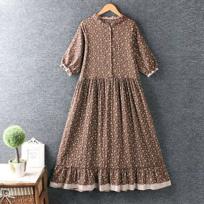 Summer Sweet Fresh Round Collar Double-layer Floral Dress S