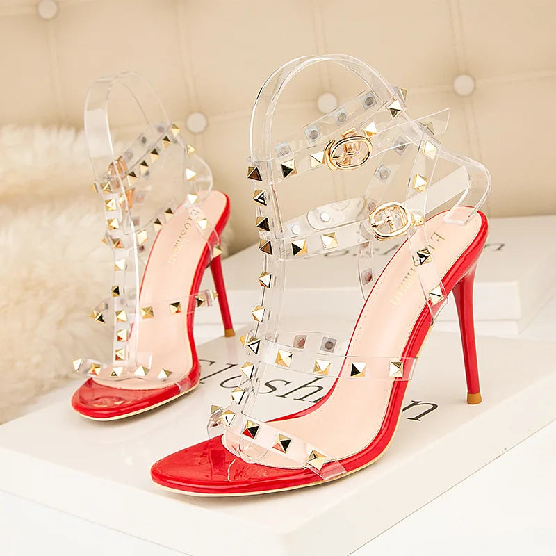 Transparent Rivets Buckle Roman Sandals Open Toe Pumps