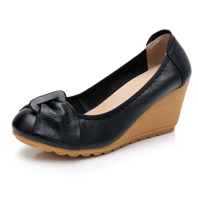 Genuine Leather Shoes Flats High Heels Slip On Bow-knot