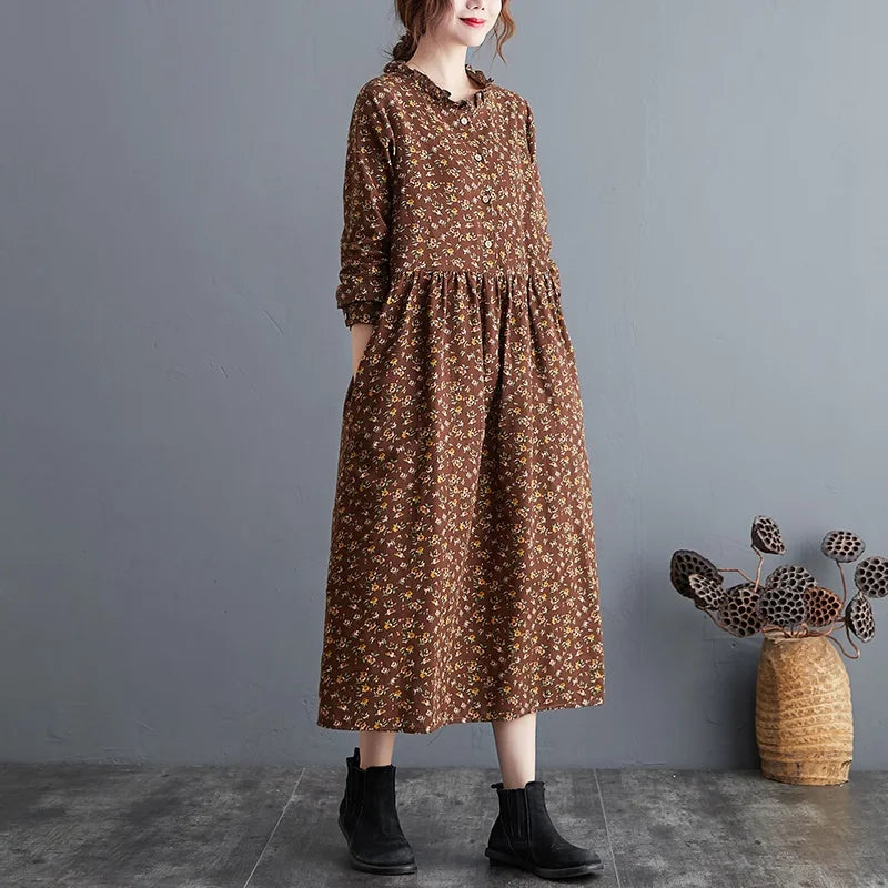 long sleeve cotton linen ruffle vintage floral dresses casual clothing